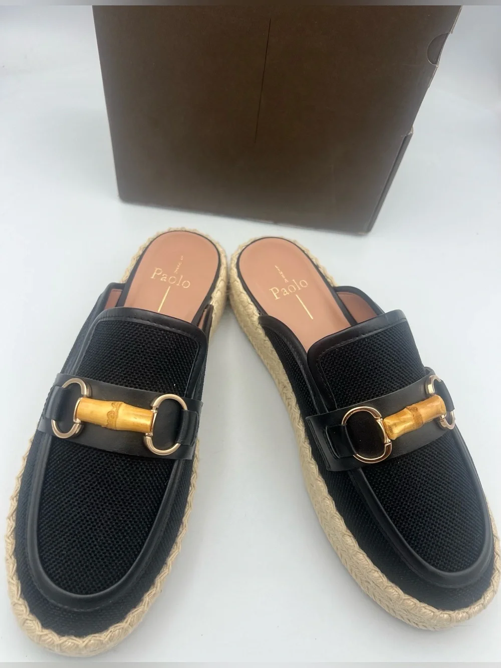 Linea Paolo Shiloh Bamboo Espadrille Mules Black w/Nappa Leather Trim Size 9 NWB
